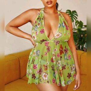 "Flower bomb" green sheer halter slip dress